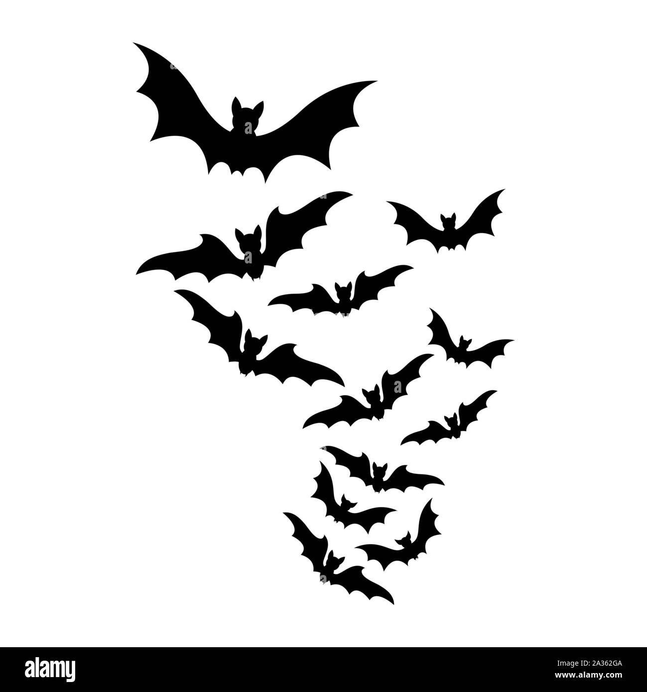 Fliegende Fledermäuse halloween Schwarm Silhouette auf weißem Hintergrund Stock Vektor
