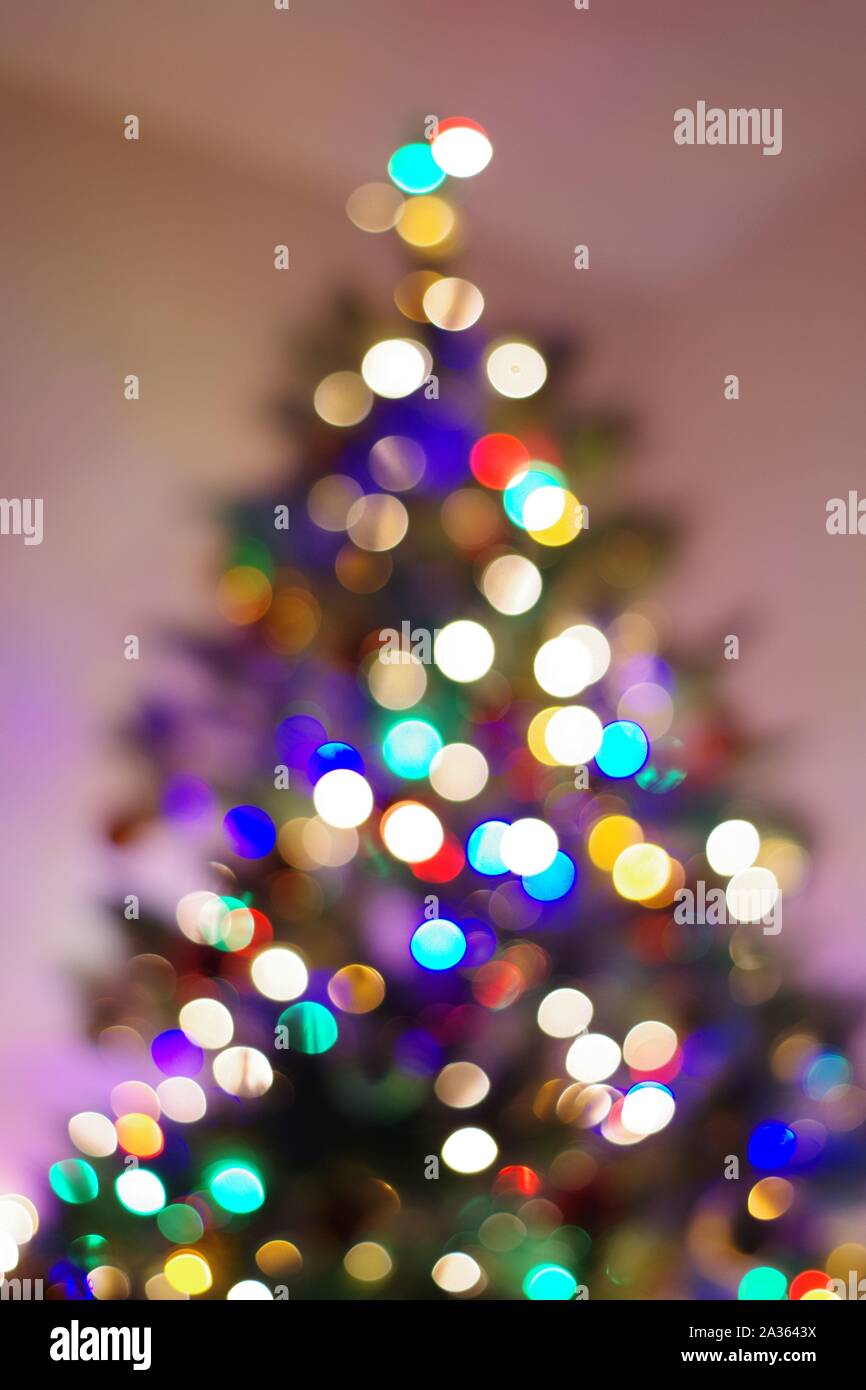 Weihnachtsbaum Glühende mit Lichterketten in einem Wohnzimmer. Devon, UK. Stockfoto