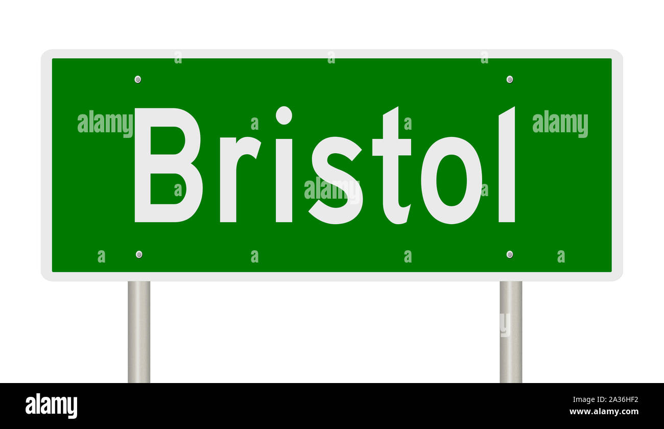 Rendering von einem grünen 3d Autobahn Zeichen für Bristol in England Stockfoto