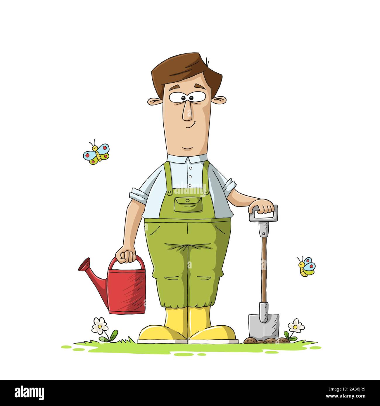 Gärtner mit Schaufel und Gießkanne. Hand Vector Illustration mit