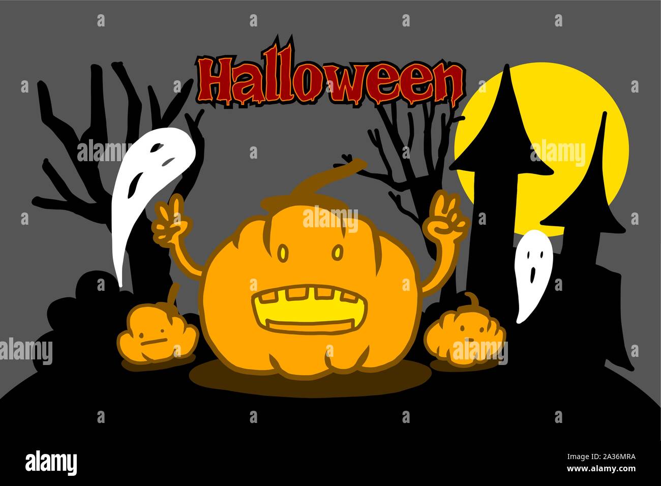 Kürbis Laterne an Halloween Nacht mit Ghost, Zeichnung Vektor Cartoon Stil. Beängstigend, aber kawaii Konzept. Stock Vektor