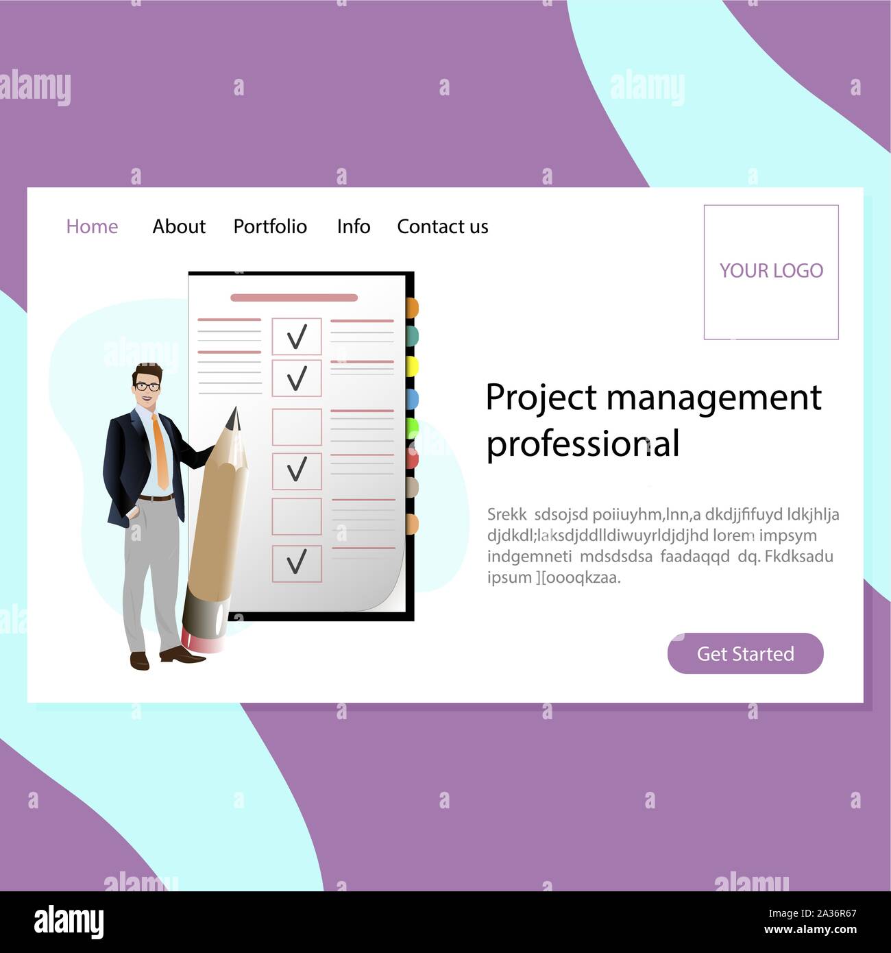 Project Management Professional landing page. Unternehmer mit großen Bleistift und Aufgabenbereich. Vektor überzeugter Kerl seine Arbeit Abbildung Planung Stock Vektor