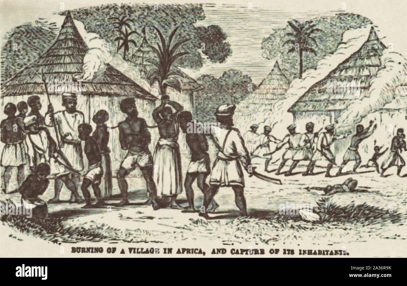 Brennendes Dorf in Afrika und seine Bewohner, 1800s erfassen, Private Colection Stockfoto