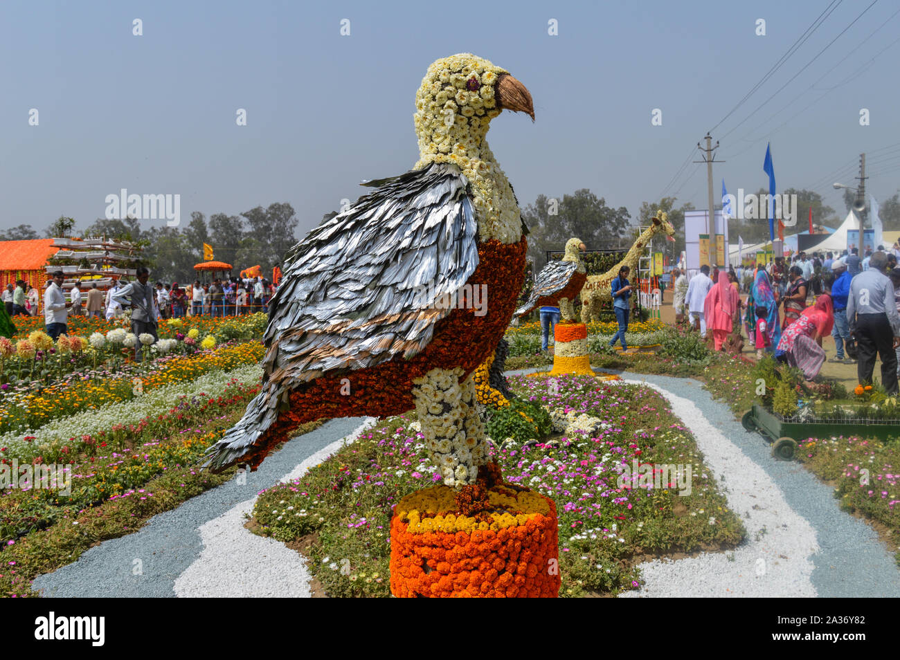 Der Adler, der von Baumwolle und Nachrichten Papier, Blumen gibt es für die Ausstellung in der Pusa, Landwirtschaft Festival, New Delhi. Stockfoto