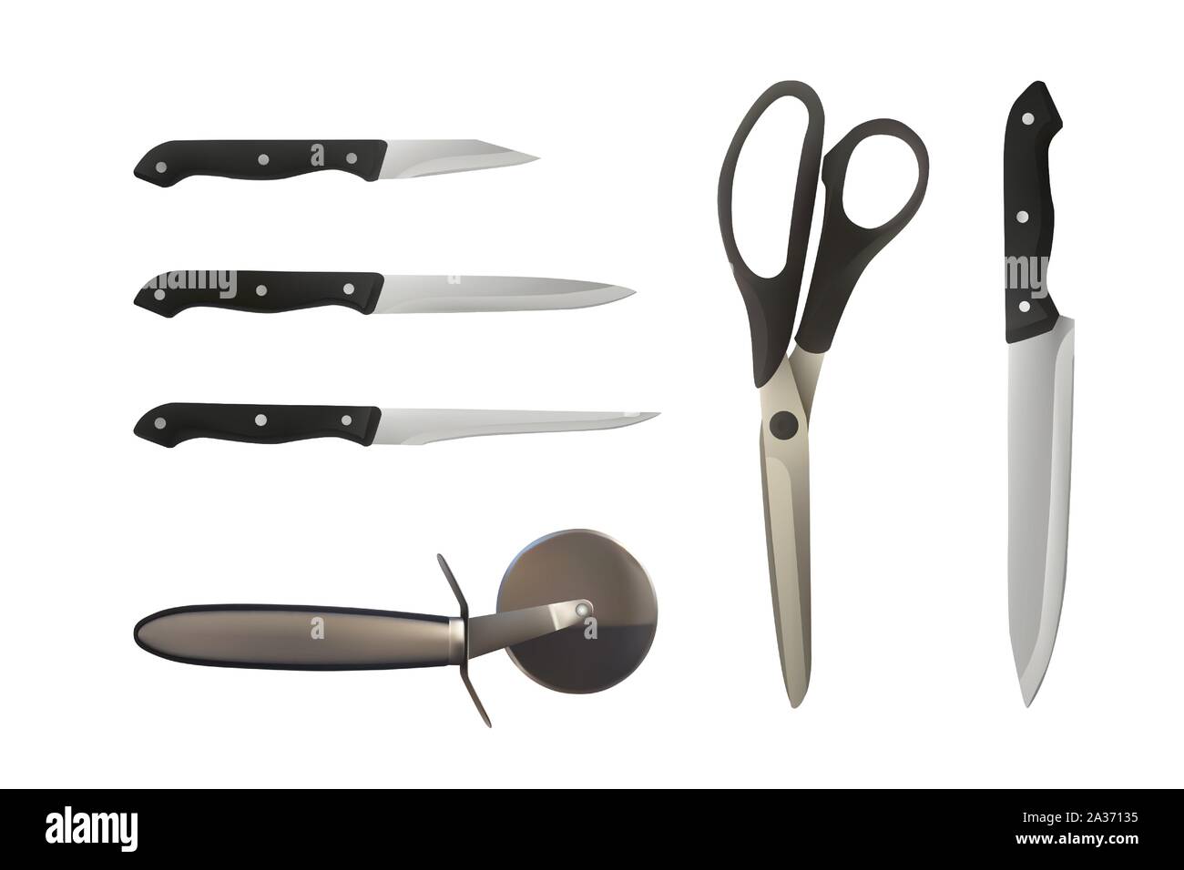 Messer Set, cutter Pizza und Schere. Vector Illustration. Stock Vektor