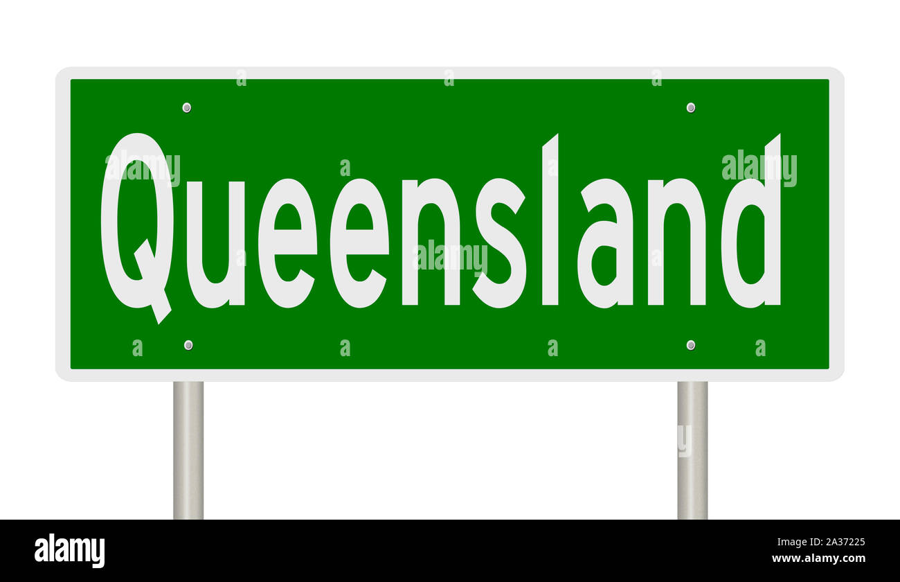 Rendering von einem grünen 3d Autobahn Zeichen für Queensland Stockfoto