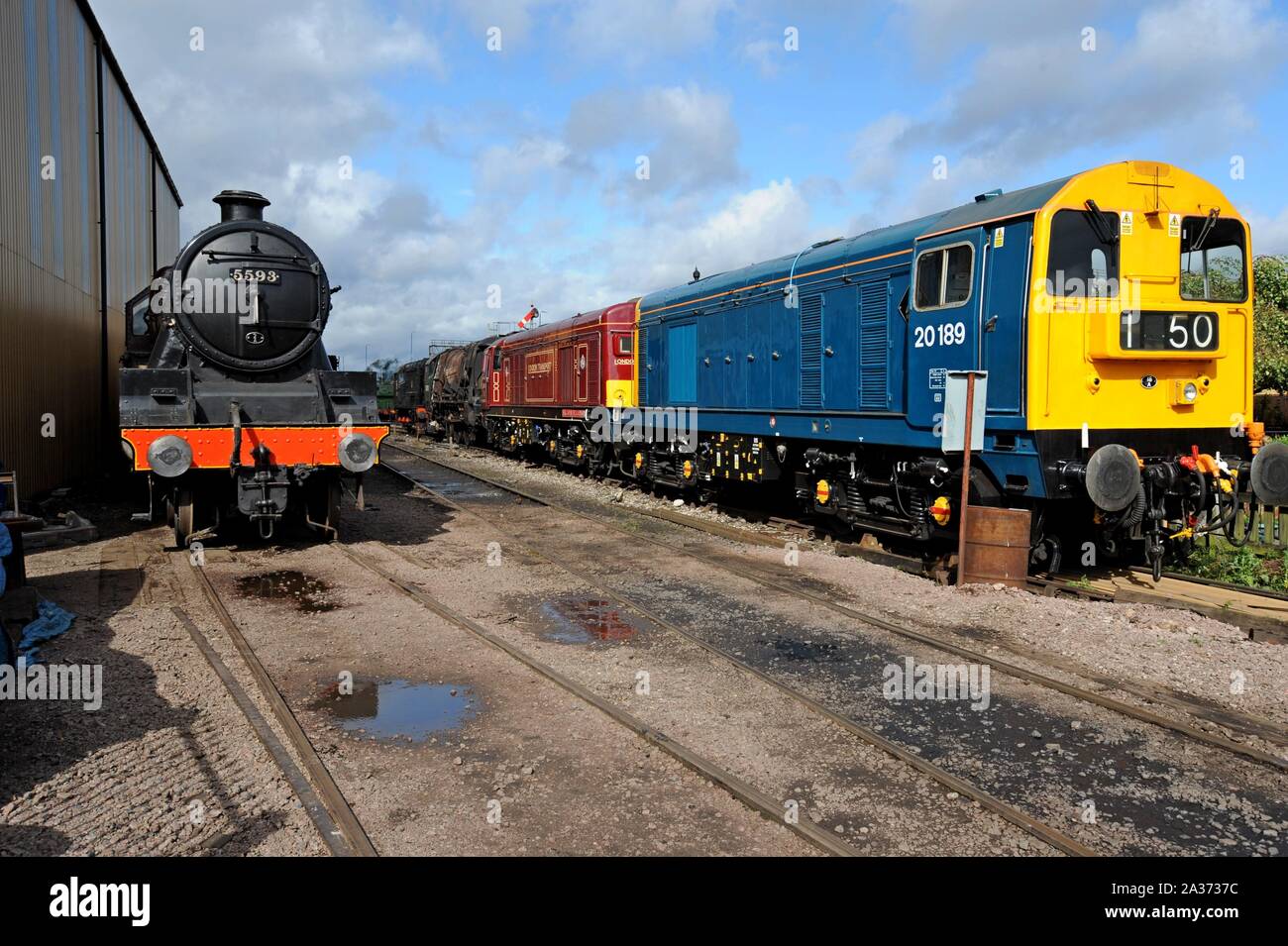 Klasse 20 klassische Erbe Diesellokomotiven und LMS 5593 Jubiläum der Klasse 'Gemeinden' auf dem Display an Tyseley Railway Centre, Birmingham, Großbritannien Stockfoto