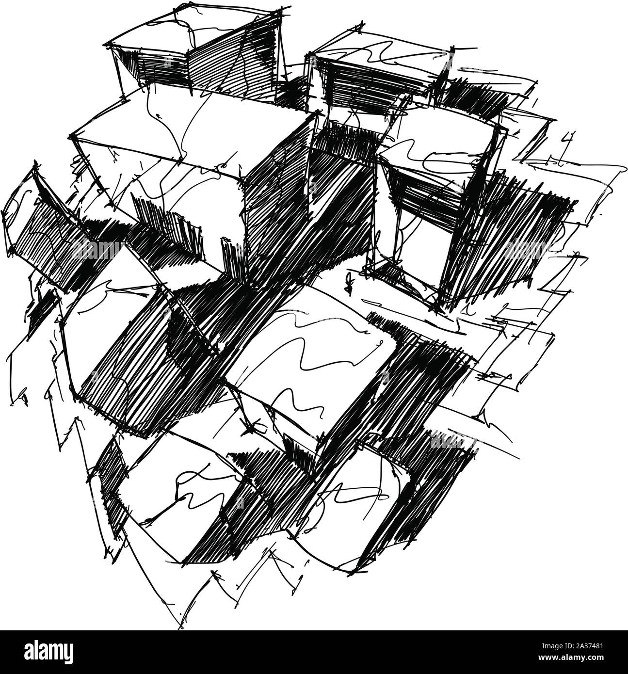 , Hand gezeichnet architektonische Skizze eines modernen abstrakten rechteckige Architektur von fischaugenobjektiv Stock Vektor