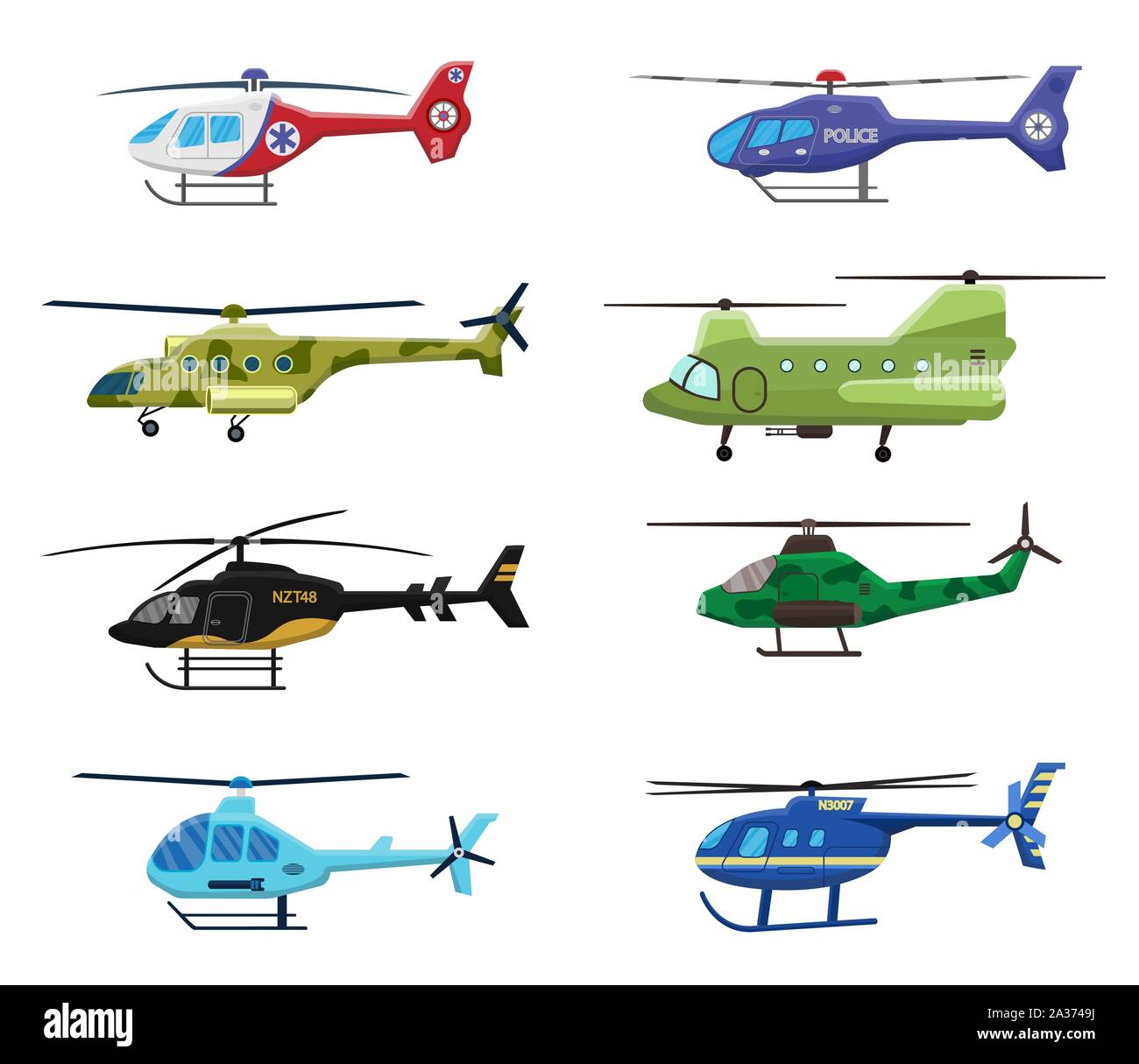Militär, Polizei und medizinische Hubschrauber Symbol auf weißem Hintergrund, Luftverkehr, Luftfahrtindustrie, Vector Illustration. Stock Vektor