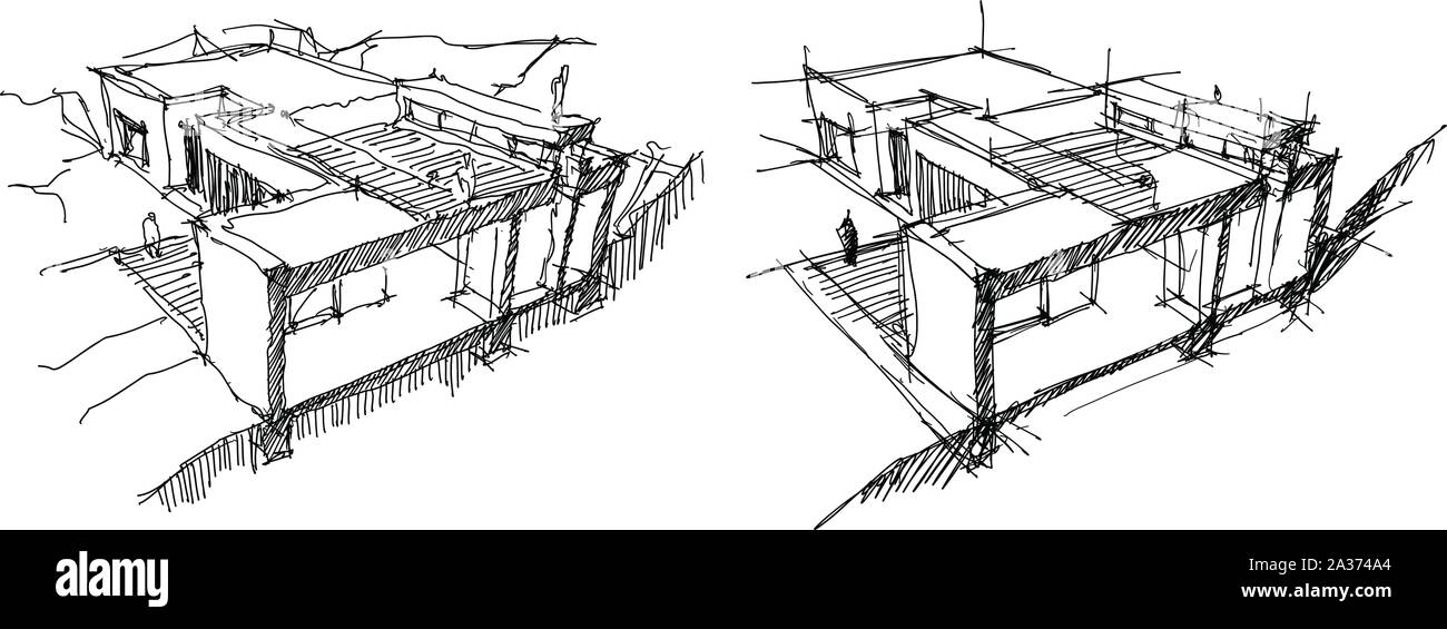 Hand gezeichneten architektonischen Skizzen von Querschnitt durch ein modernes Einfamilienhaus Stock Vektor