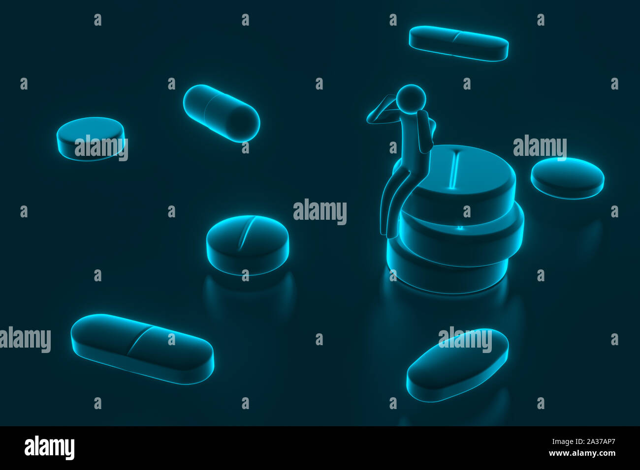 Kleine Leute sitzen auf Tabletten. Drogen und Pillen auf weißem Hintergrund, medizinische Pille, Tablette Symbol. 3D-Rendering Stockfoto