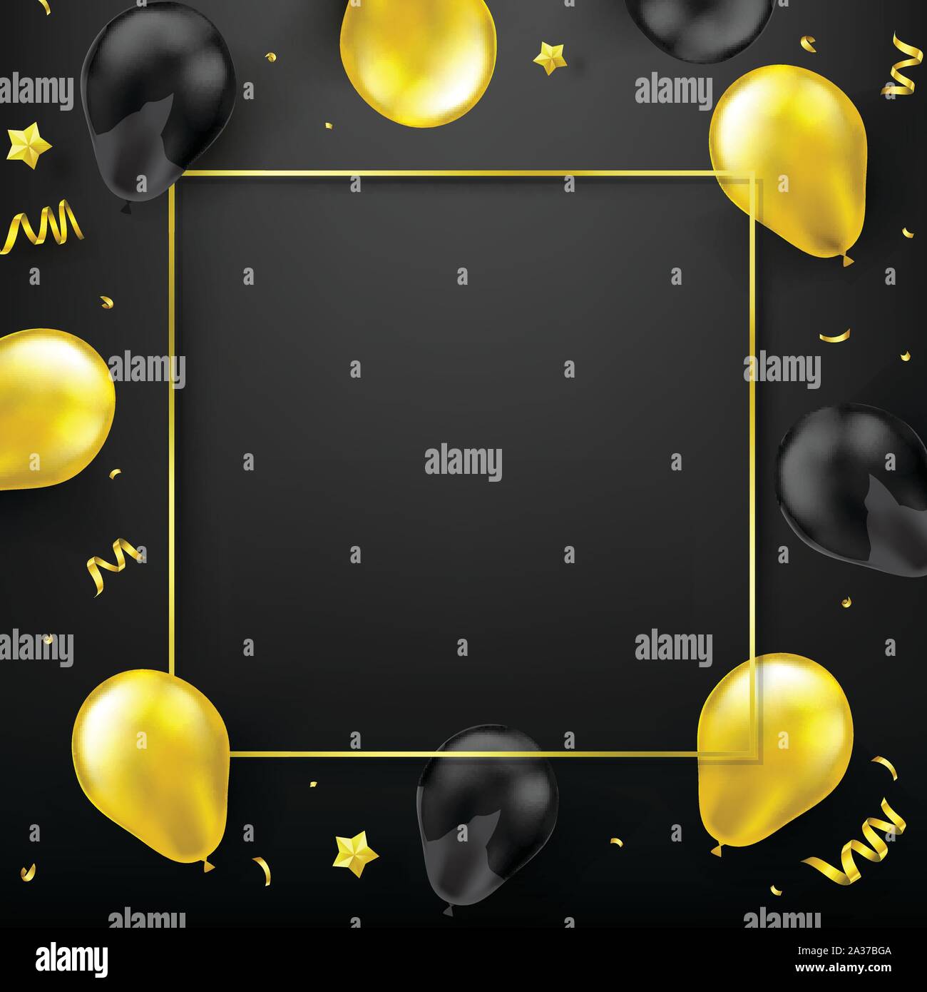 Goldenen und schwarzen Ballon Stern und Farbband auf dunklen Hintergrund mit Kopie Raumzeiger Abbildung Stock Vektor