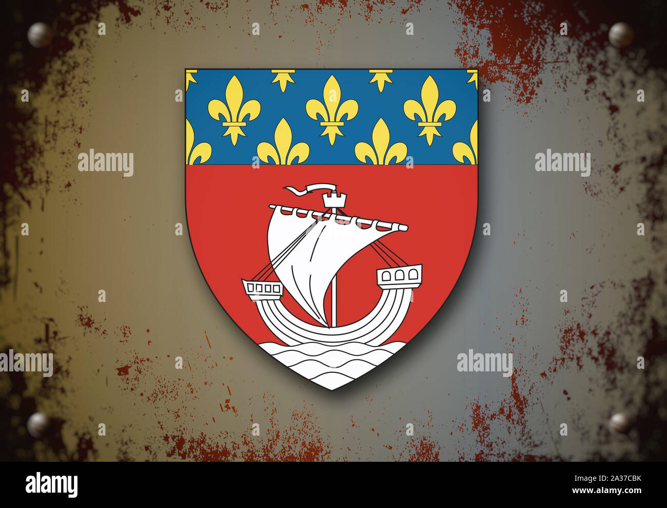 Wappen von Paris auf einer schmutzigen Metall Hintergrund. Stockfoto