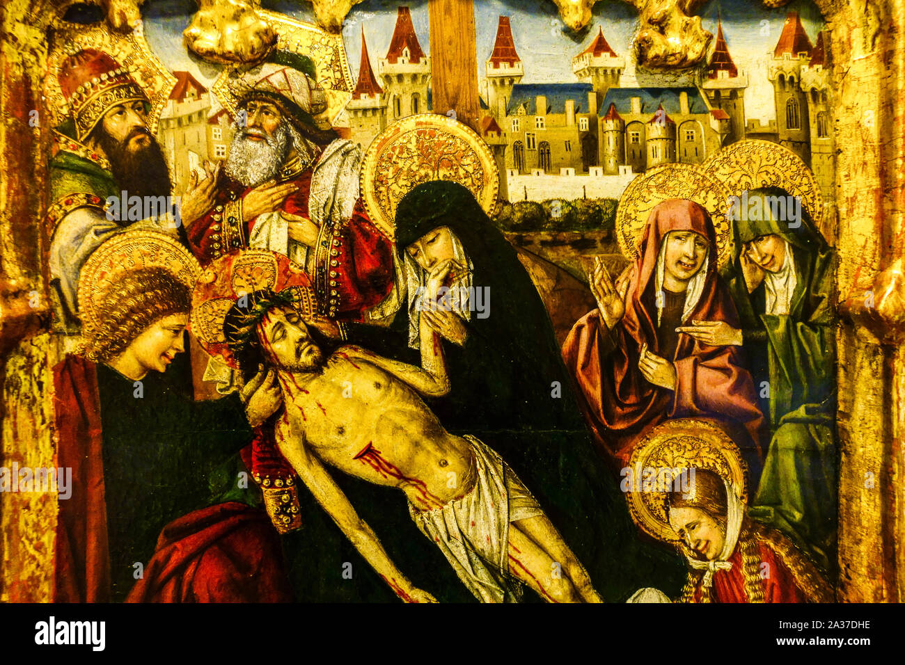 Valencia das Museo de Bellas Artes, Joan Reixach, Predela mit Szenen der Passion Christi, Pieta Ausschnitt Stockfoto