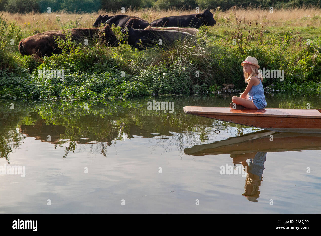 Ein hübsches Mädchen sitzt auf dem Bug eines Stocherkahn auf dem Fluss Cherwell in Oxford, Oxfordshire Stockfoto