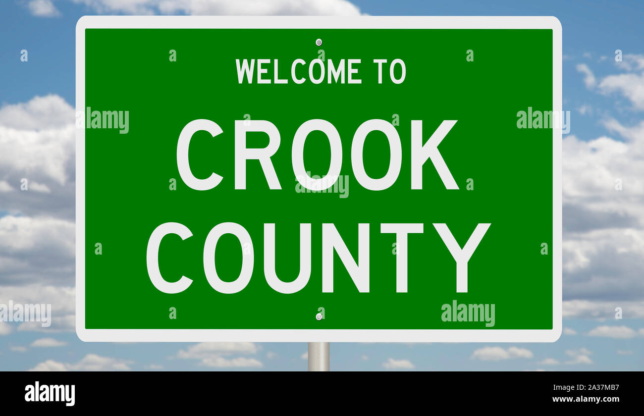 Rendering von einem grünen 3d Autobahn Zeichen für Crook County Stockfoto
