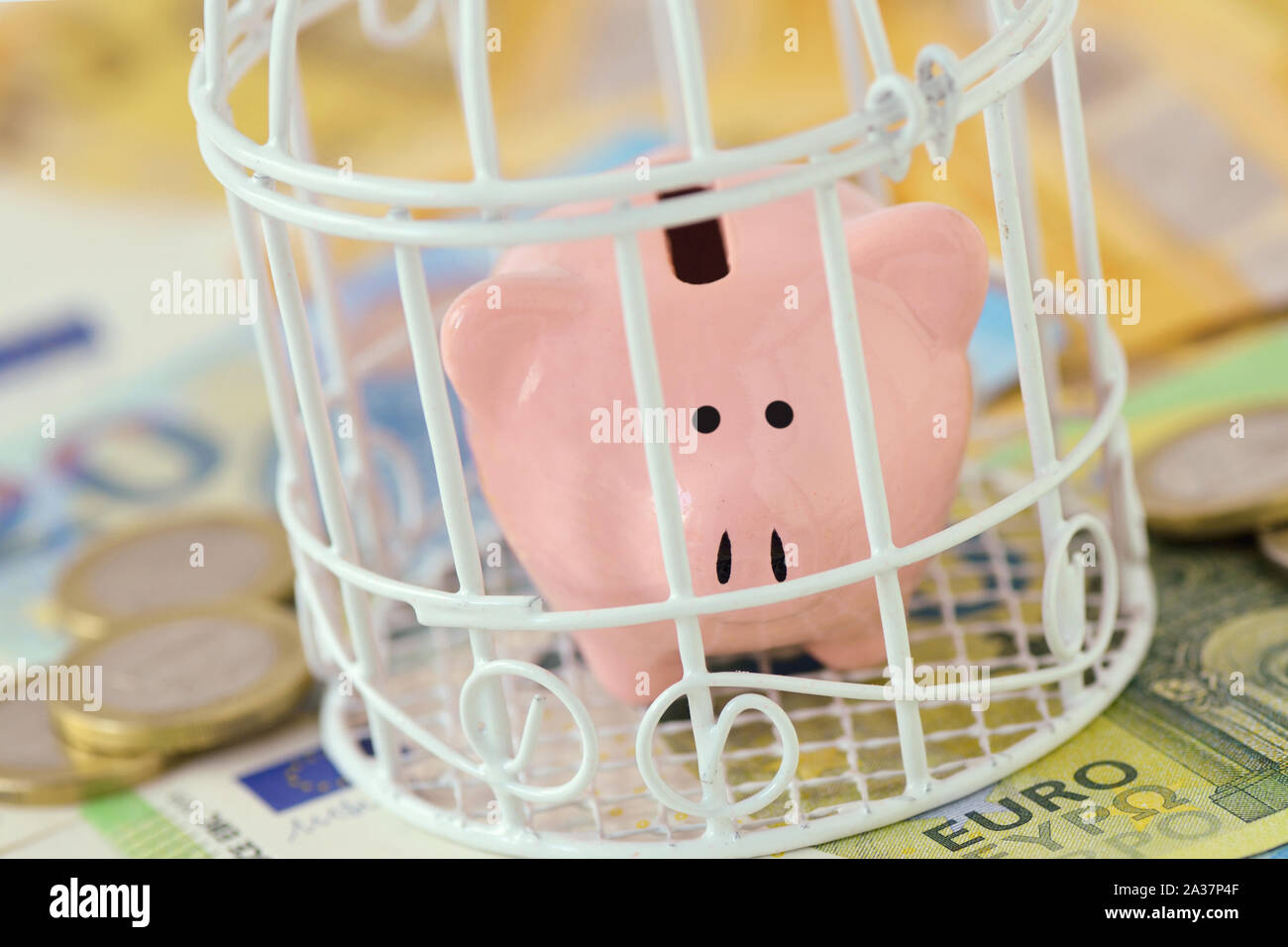 Piggy Bank geschlossen in einem Käfig auf euro Geld-Konzept der Einsparungen blockiert Stockfoto