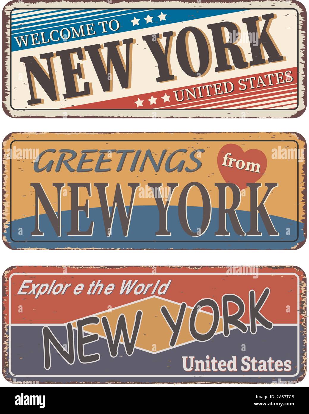 Vintage Tin Sign Collection mit US-Stadt. New York. Vorlagen auf Rost Hintergrund. Stock Vektor