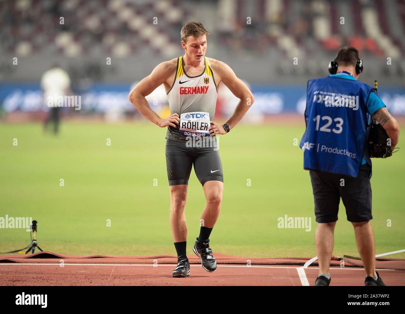 Doha, Katar. 05 Okt, 2019. Thomas ROEHLER (Röhler) (Deutschland) enttäuscht. Qualifikation Speerwerfen der Männer, am 05.10.2019 Wm 2019 in Doha/Katar, vom 27.09. - 10.10.2019. | Verwendung der weltweiten Kredit: dpa/Alamy leben Nachrichten Stockfoto