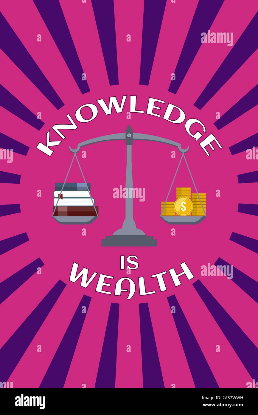 Motivationale Bildung Plakat. Wissen ist Reichtum. Über sunburst Hintergrund Stock Vektor