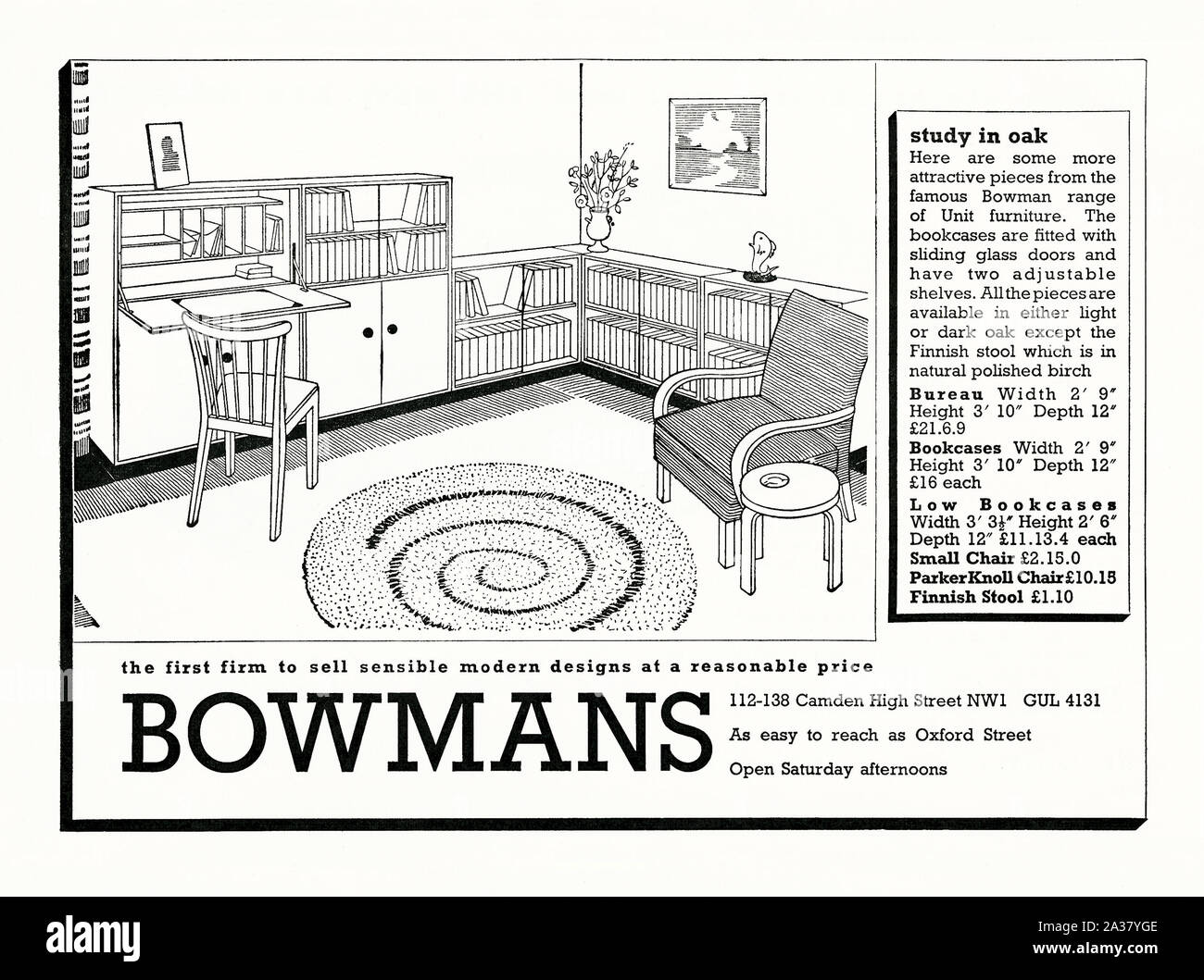 Anzeige für die Bowmans moderne Möbel, 1951. Bowmans Showroom wurde in Camden High Street, London. Die Abbildung verfügt über ein Büro einrichten - die Einheiten sind von Eiche und einem Schreibtisch oder einem Büro, Teppich, Stühlen, einer Datei, oder einem Buch-Einheiten und einem Beistelltisch. Stockfoto