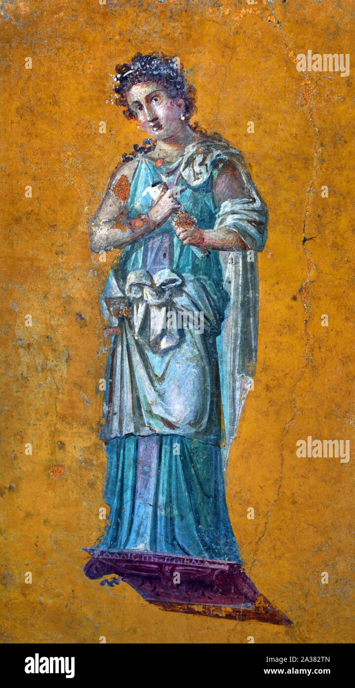 Fragment einer Wandmalerei: Calliope, Muse der epischen Dichtung 62 - 79 N.CHR. Pompeji, Villa von Julia Felix Römer, Italien, Stockfoto