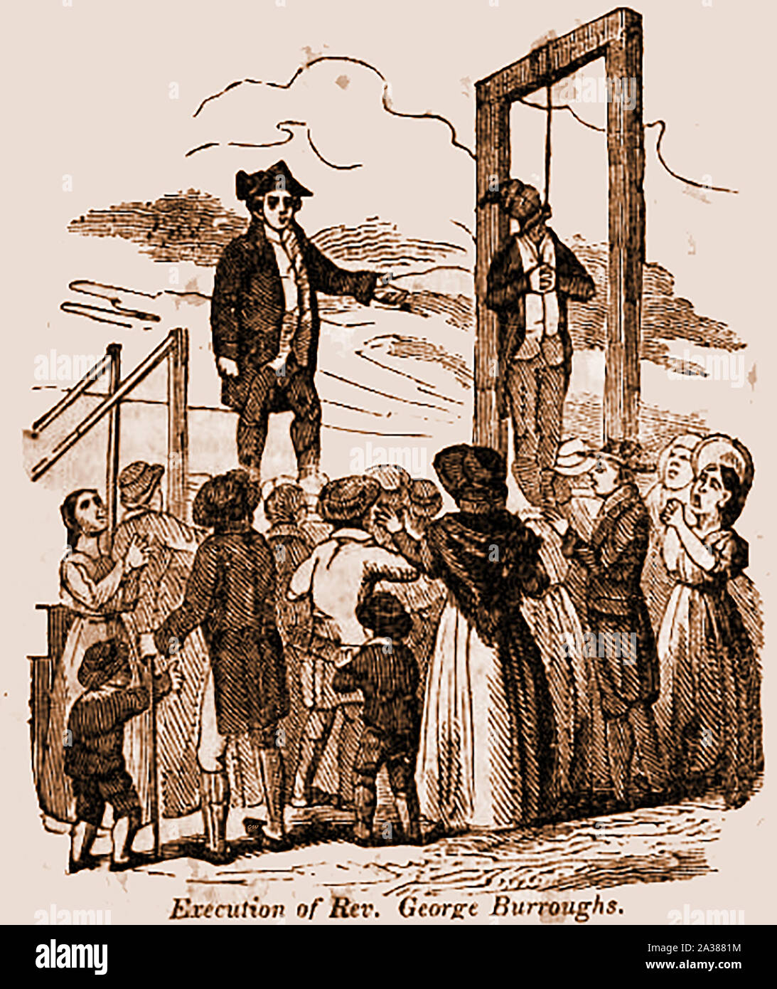 Salem Witch Trials - Eine alte Gravur, die die Ausführung von George Burroughs (c 1650 - 1692) Auf der Proctor Ledge, Salem, die einzige Kirche, Minister für Zauberei in der Zeit der Salem Witch Trials ausgeführt Stockfoto