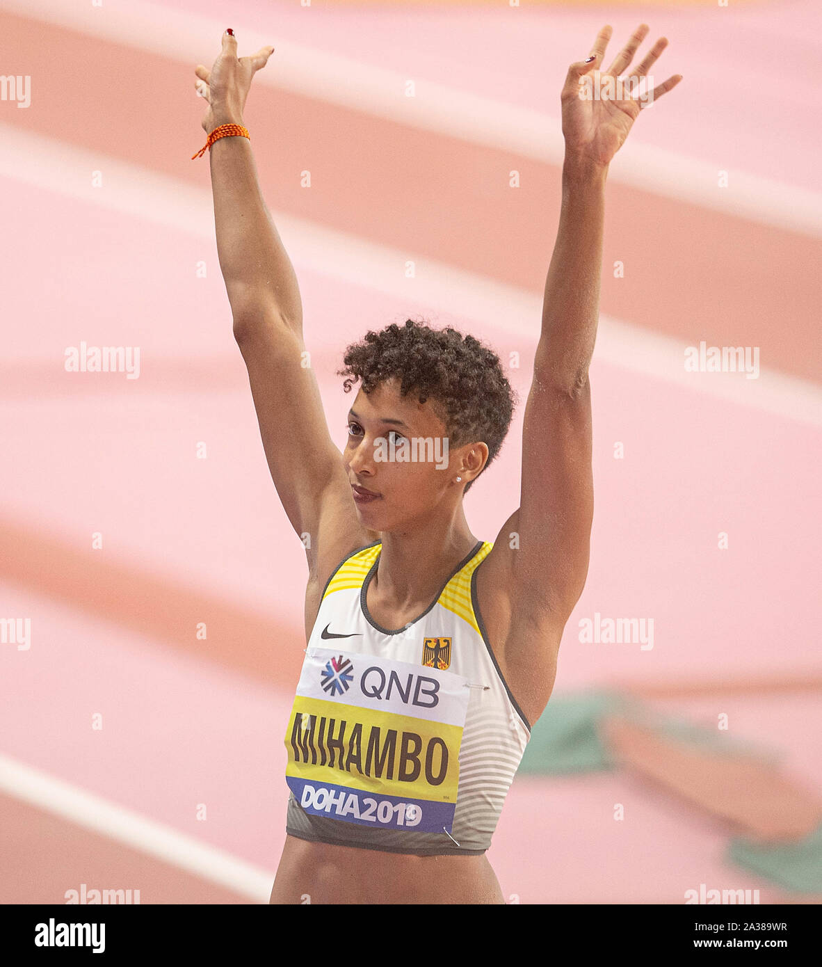 Jubel Malaika MIHAMBO (Deutschland) die Qualifikation Frauen Weitsprung, am 05.10.2019 Leichtathletik WM 2019 in Doha/Katar, vom 27.09. - 10.10.2019. | Verwendung weltweit Stockfoto