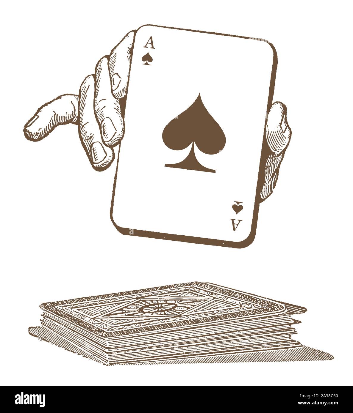 Menschliche Hand präsentiert ein Pik Ass Spielkarten. Abbildung: Nach einer Lithographie aus dem frühen 20. Jahrhundert Stock Vektor