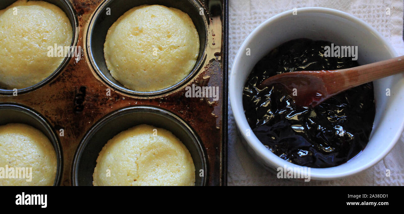 Frisch gebackene Mais Muffins mit Trauben Gelee Stockfoto