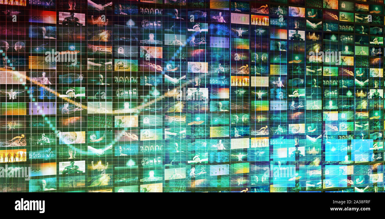 Content Marketing auf einer Videowand als digitale Konzept Stockfoto