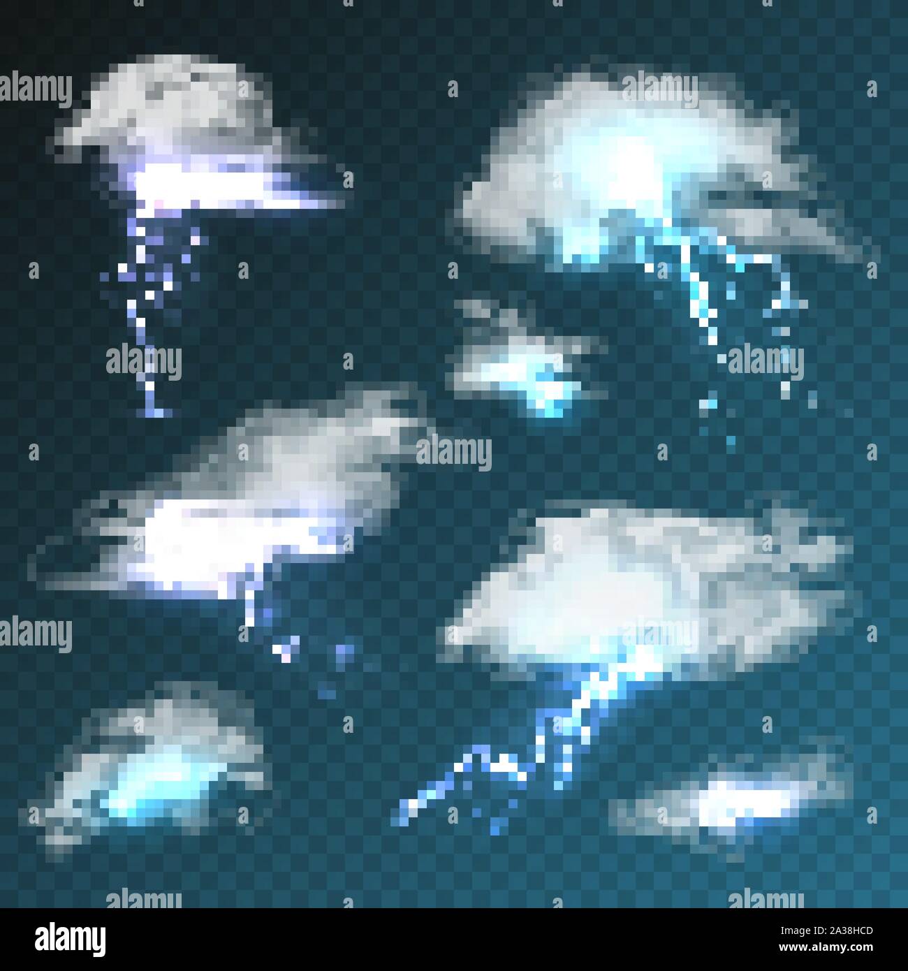 Realistischen Wolken mit Blitz auf transparentem Hintergrund gesetzt. Gewitter und Blitz. Funken des Lichts. Stürmisches Wetter Wirkung. Vektor Stock Vektor