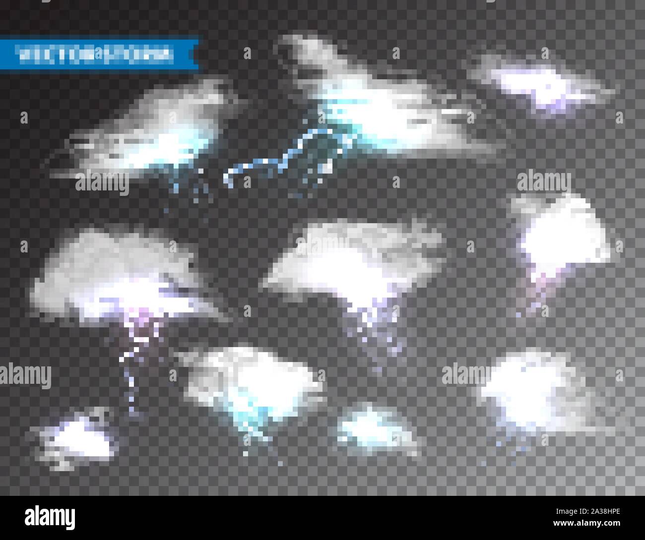 Realistischen Wolken mit Blitz auf transparentem Hintergrund gesetzt. Gewitter und Blitz. Funken des Lichts. Stürmisches Wetter Wirkung. Vektor Stock Vektor