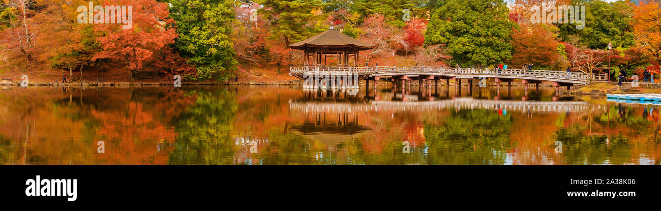 Malerische Aussicht von Nara öffentlichen Park im Herbst, mit Ahorn Blätter, Teich und alten Oriental Pavilion im Wasser spiegelt Stockfoto