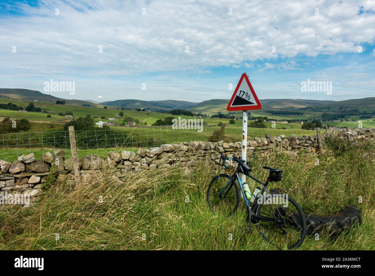 17% Schild markiert den Gayle Aufstieg aus Hawes auf Flotte Moss Hill Climb für Radfahrer auf Rennrädern. Wensleydale, Yorkshire Dales UK Stockfoto