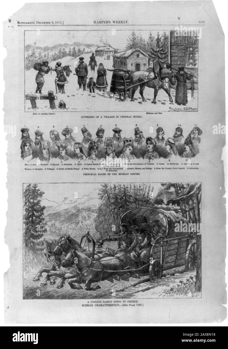 Russische Merkmale [3 Bilder]. 1. Rand eines Dorfes in Zentralrussland. Modus der Durchführung von Spirituosen. Milchmann und Schlitten; 2. Die wichtigsten Rennen des Russischen Reiches [11 Männer und 11 Frauen]; 3. Ein Kosak Familie zur Kirche gehen [in Wagen von 3 Pferde] Stockfoto