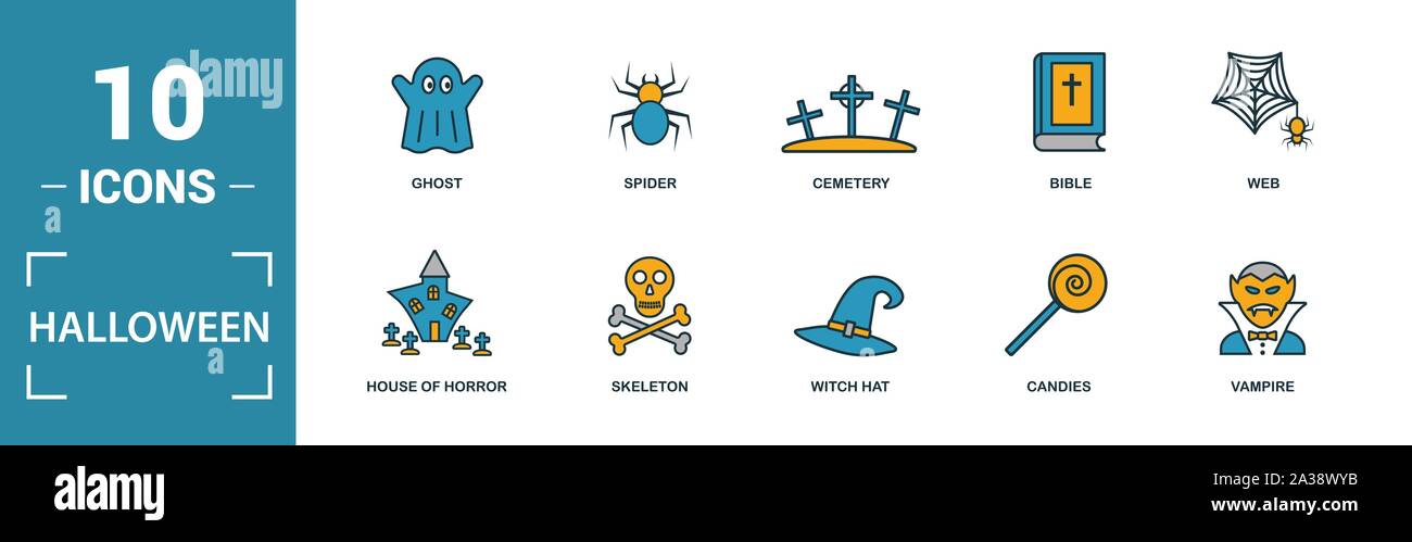 Halloween Icon Set. Gehören kreative Elemente Skelett, Sarg, Schädel, Fledermäuse und Vampire Symbole. Kann für Bericht, Präsentation, Grafik, Web Design Stock Vektor
