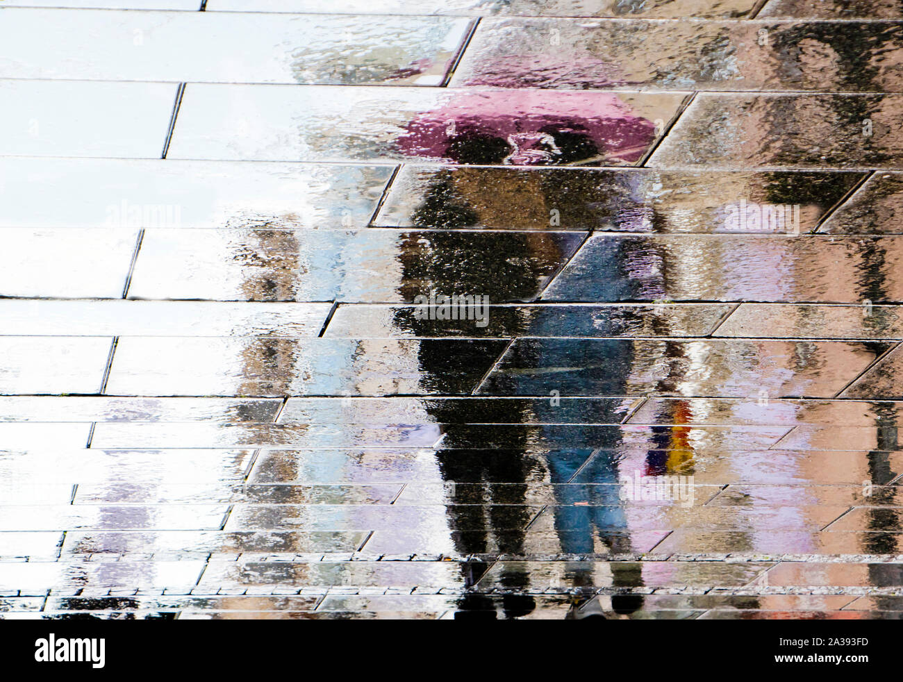 Unscharfe Reflexion Schatten Silhouette von ein paar zusammen unter dem Dach auf einer nassen Straße Pudel in der Stadt Fußgängerzone an einem regnerischen Tag Stockfoto