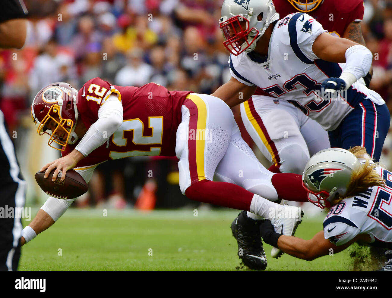 Landover, United States. 06 Okt, 2019. "Washington Redskins Quarterback Colt McCoy (12) ist sacked durch die New England Patriots in der ersten Jahreshälfte ein NFL Spiel bei FedEx Field in Landover, Maryland, Sonntag, 6. Oktober 2019. Foto von David Tulis/UPI Quelle: UPI/Alamy leben Nachrichten Stockfoto