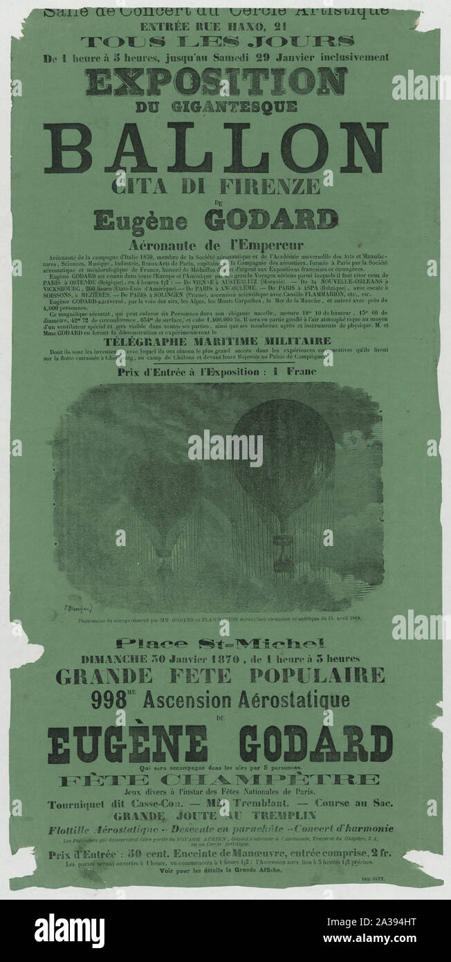 Salle de Concert du cercie Artistique... Exposition du gigantesque ballon Cita di Firenze de Eugène Godard, aéronaute de l'Empereur; Breitseite Ankündigung einer Ballon Ausstellung und Himmelfahrt von Eugène Godard in seinem Ballon Cita di Firenze von der Place St. Michel, Paris. Enthält Bild einer Mirage von Godard und Camille Flammarion aus ihren Ballon bei einem Aufstieg im Jahr 1868 beobachtet.; Stockfoto