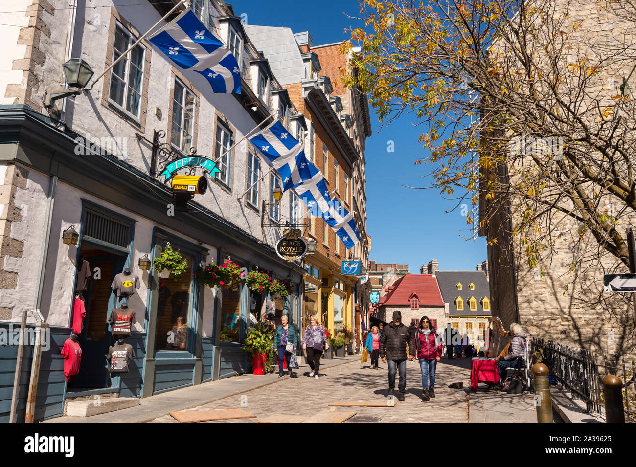 Quebec City, Kanada - 5. Oktober 2019: Quebec Flaggen auf Notre-Dame Straße. Stockfoto