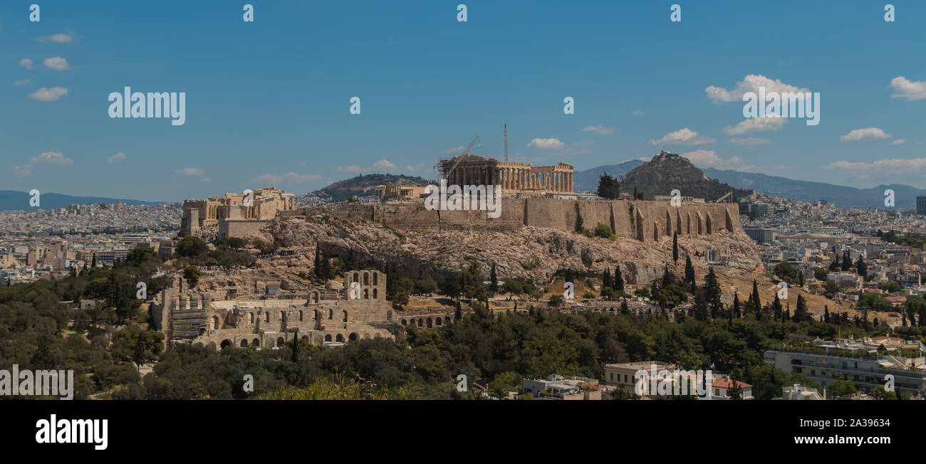 Ein Bild von der Akropolis von Athen ab dem filopappou Hügel gesehen. Stockfoto