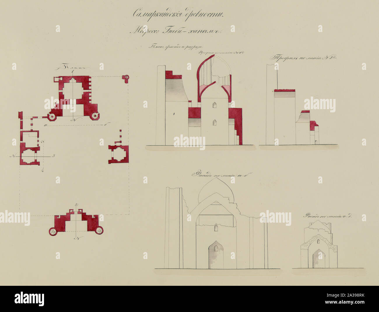 Samarkandskiia drevnosti. Medrese Bibi-Khanym. Plan, fasad, ich razriezy. Planen. Profil 'po liniu N. 1,2. Fasad" Po liniu a-d Stockfoto