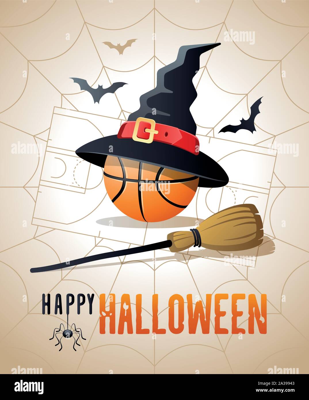 Happy Halloween. Sport Grußkarte. Basketball Ball mit Hexen Hut und Besen auf dem Hintergrund der Basketball als Spinnen web. Stock Vektor