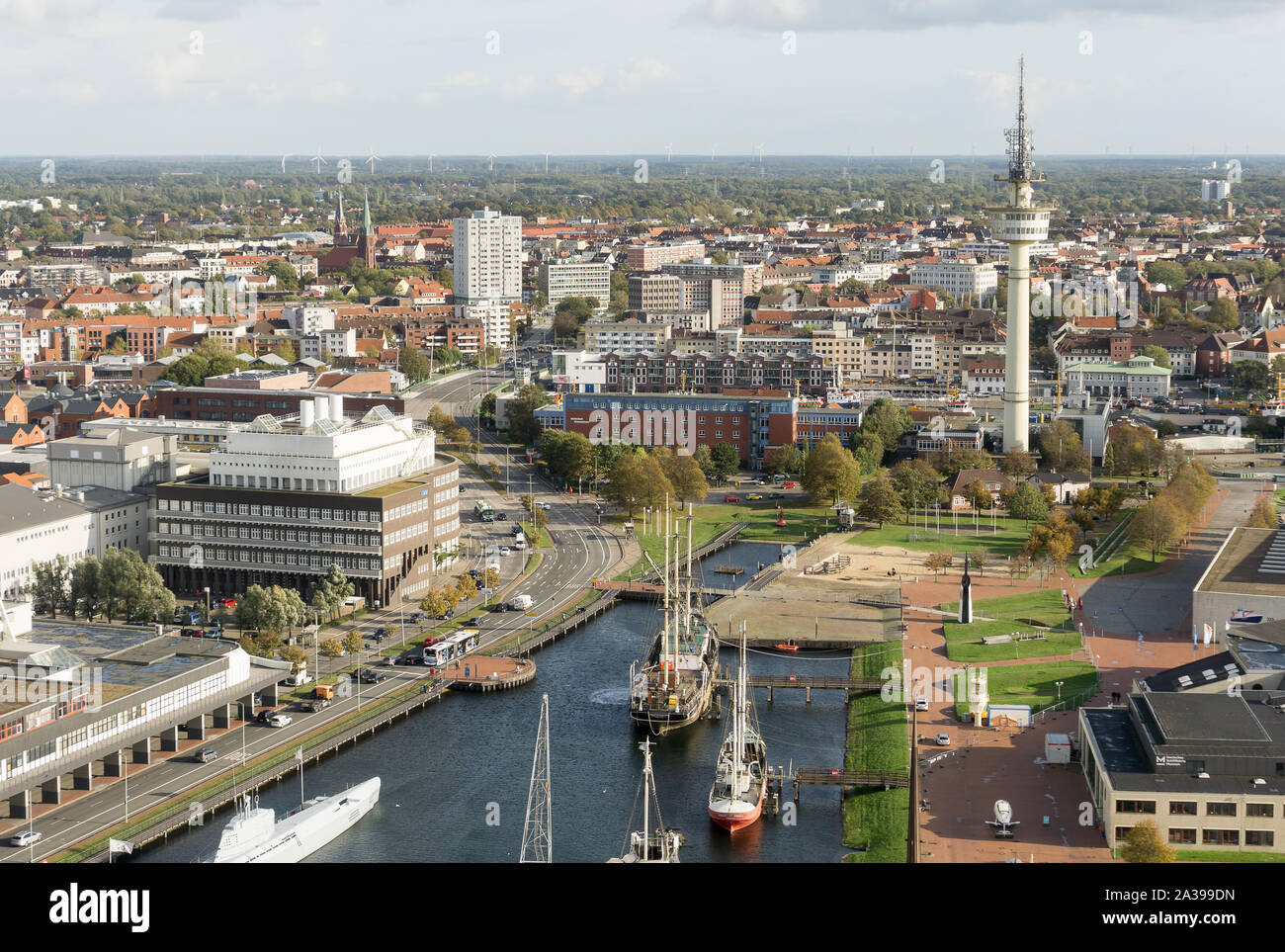 Eine Ansicht eines habor an der Aussichtsplattform Sail City, Bremerhaven Stockfoto