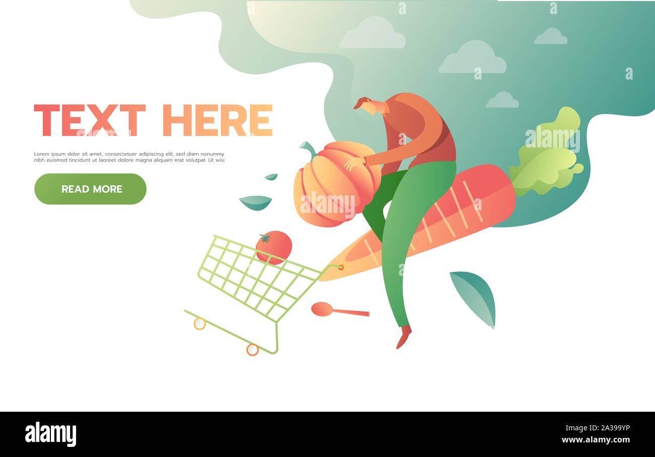 Mann mit Einkaufswagen voller Lebensmittel. auf weißem Hintergrund. Vector Illustration im flachen Stil Stock Vektor