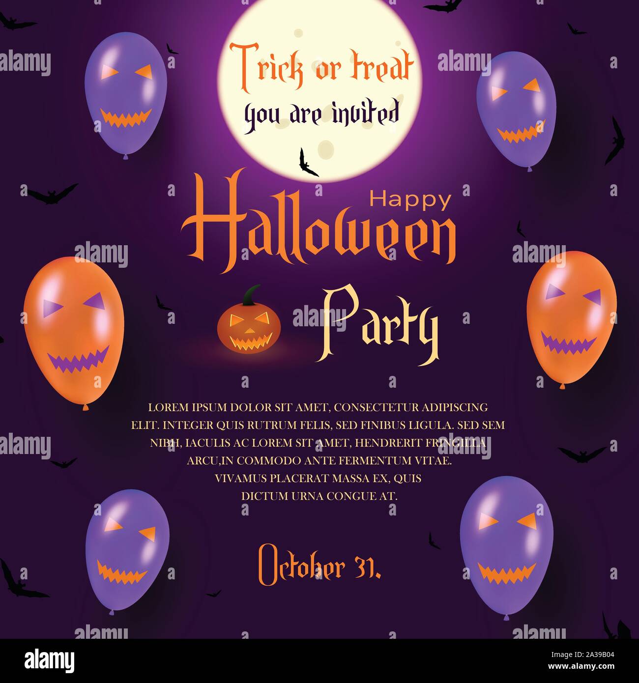 Halloween Party lila Einladung Vorlage. Stock Vektor