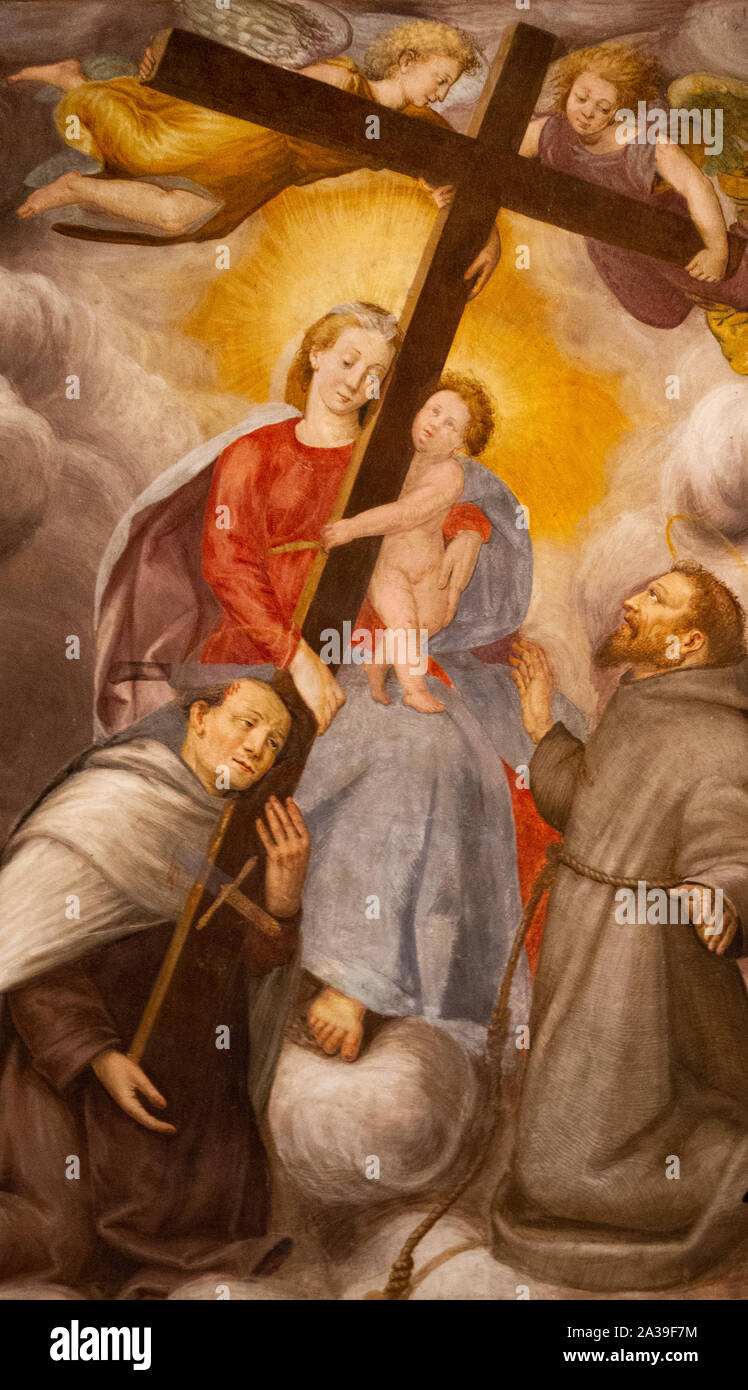 Ein Gemälde der Jungfrau Maria mit dem Jesuskind in der 'Santa Maria del Carmine" Kirche (Hl. Maria von Karmel) in Pavia. Stockfoto