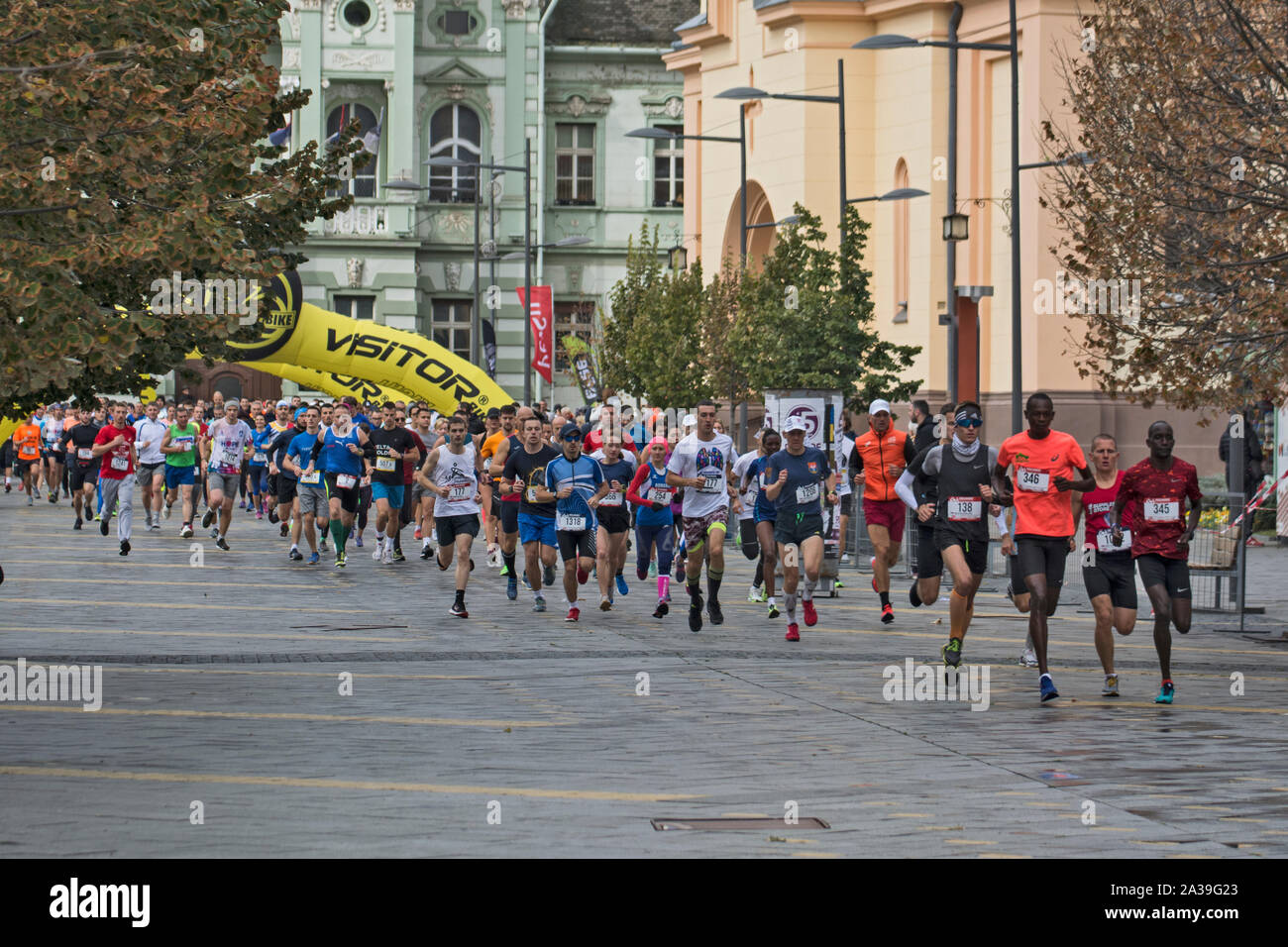 Zrenjanin, Serbien, Oktober 06. 2019. Eine große Gruppe von Wettbewerbern startet von der Startlinie am 4 Zrenjanin Halbmarathon Straßen der Stadt. Stockfoto