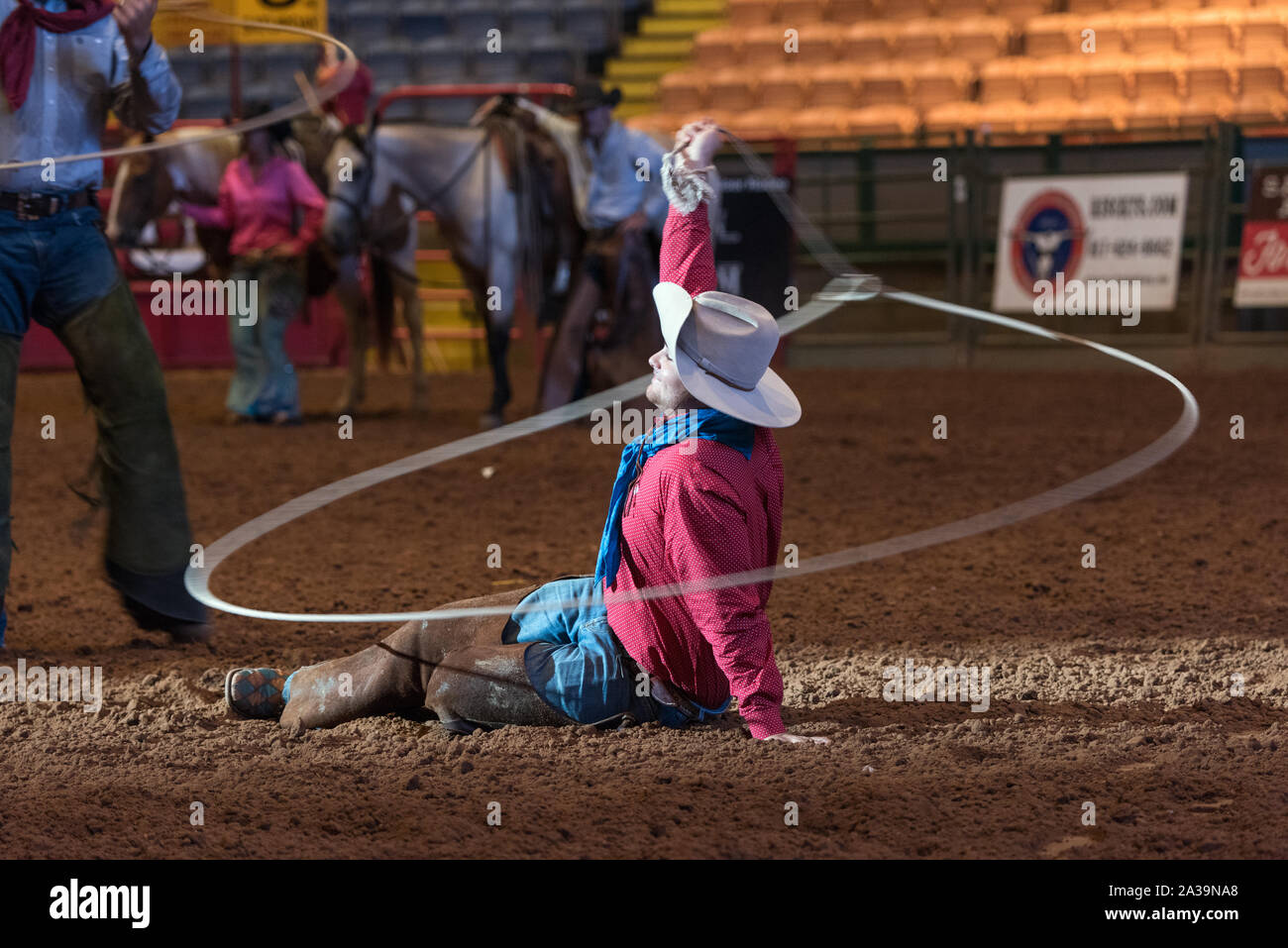 Szene aus Pawnee Bill's Wild West Show im Cowtown Coliseum im Stockyards District von Fort Worth, Texas Stockfoto